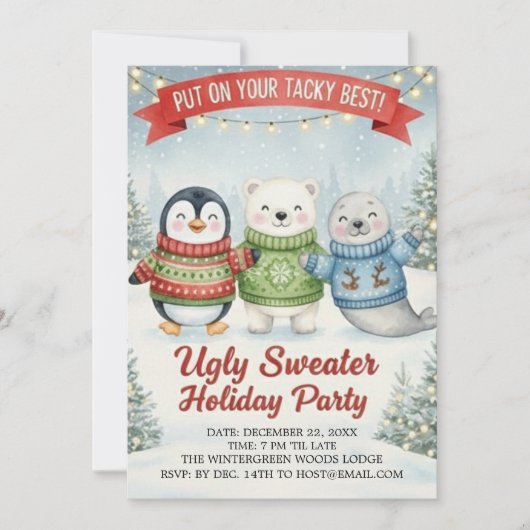 Hässlicher süßer Weihnachtspullover-Party-Pinguin- Einladung (Vorderseite)