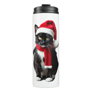 Hässlicher Weihnachts-Schwarzer-Katze-Santa-Hut-Sc Thermosbecher