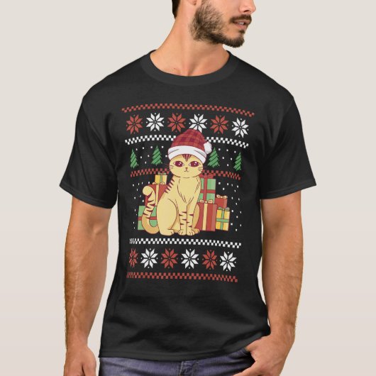 Hässlicher Weihnachtspullover Katze mit Geschenken T-Shirt (Vorderseite)
