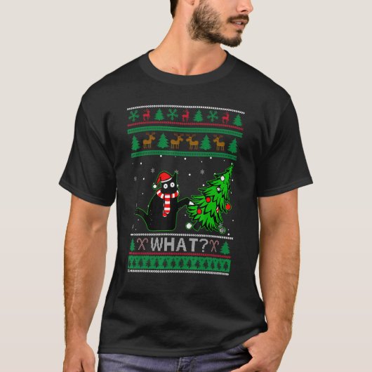 Hässlicher Weihnachtspullover Schwarze Katze Baum T-Shirt (Vorderseite)