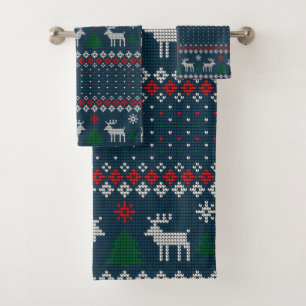 Hässliches Weihnachtsschweinchen-Strickmuster Vint Badhandtuch Set