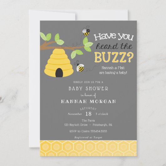 Hast du den Buzz gehört? Bee Baby Shower Einladung (Vorderseite)