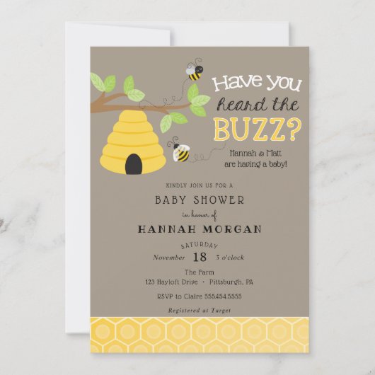 Hast du den Buzz gehört? Bee Baby Shower Einladung (Vorderseite)