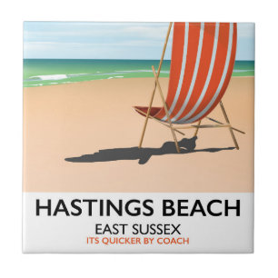 Hastings Beach, East Sussex Vintage Reiseplakat Fliese