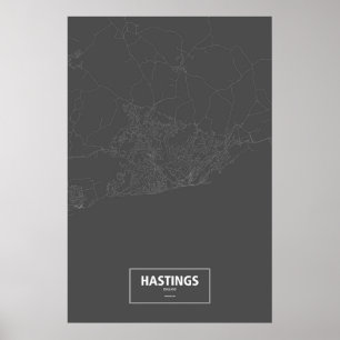 Hastings, England (weiß auf Schwarzem) Poster