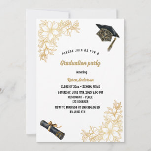 Hat Graduation Party schwarz und gold Einladung