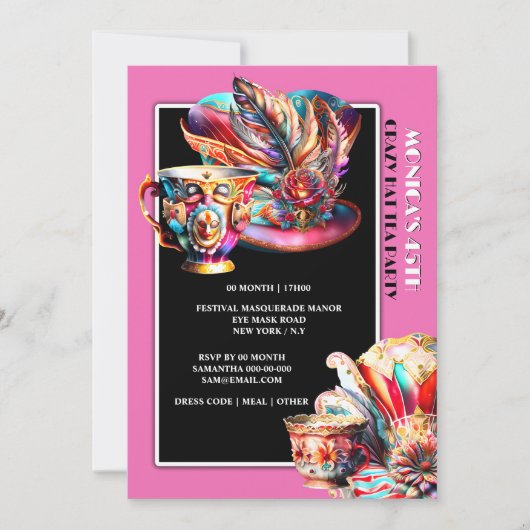 Hat Party Festival masquerade fether pink Einladung (Vorderseite)