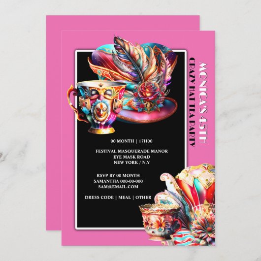 Hat Party Festival masquerade fether pink Einladung (Vorne/Hinten)
