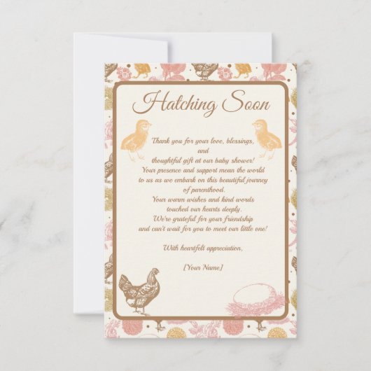 Hatching Bald Chicken Baby Girl Dusche Dankeskarte (Vorderseite)