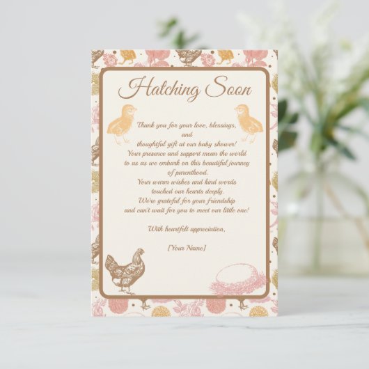 Hatching Bald Chicken Baby Girl Dusche Dankeskarte (Stehend Vorderseite)