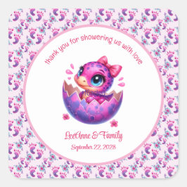 "Hatching bald" Pink Dinosaur Babydusche Quadratischer Aufkleber