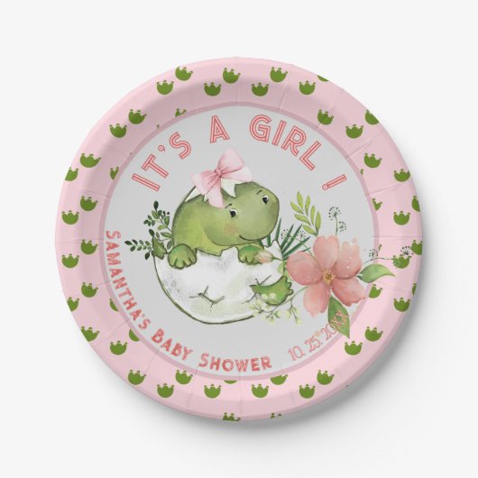 Hatching Dino with Pink Bow Baby Shower Plates Pappteller (Vorderseite)