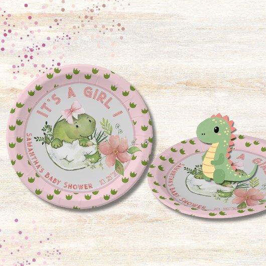 Hatching Dino with Pink Bow Baby Shower Plates Pappteller