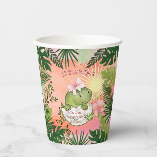 Hatching Dino with Pink Bow 'It's a Girl' Cups Pappbecher (Vorderseite)