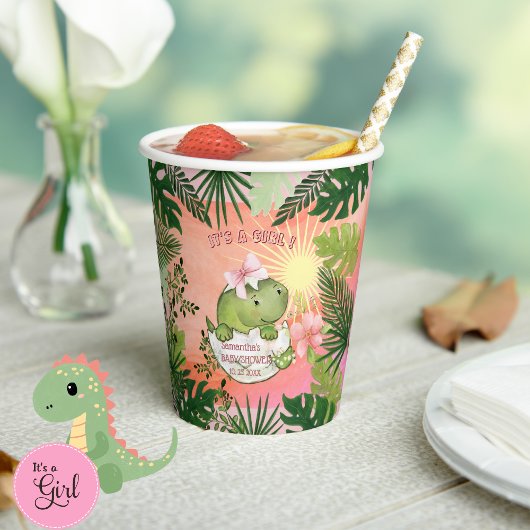 Hatching Dino with Pink Bow 'It's a Girl' Cups Pappbecher