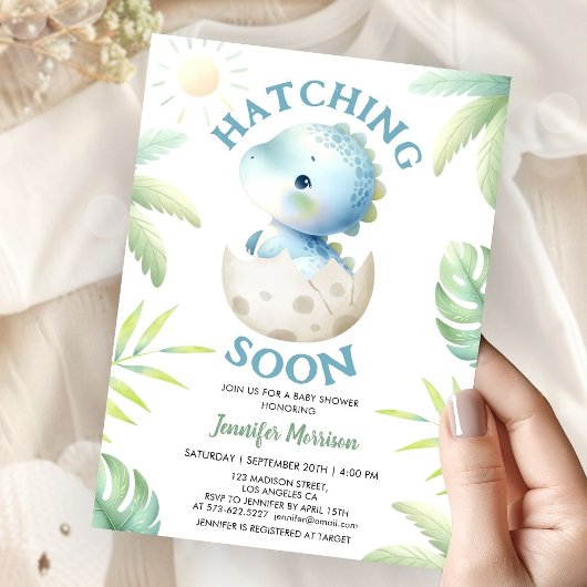 Hatching Soon Boy Dinosaur Baby Shower Einladung
