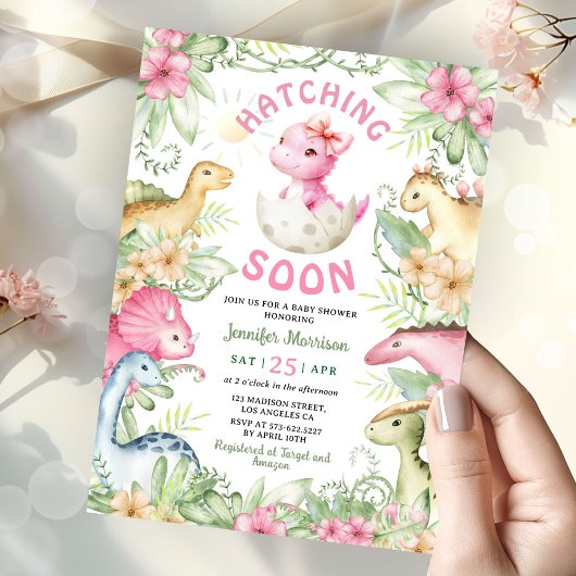 Hatching Soon Dino Girl Dinosaur Baby Shower Einladung