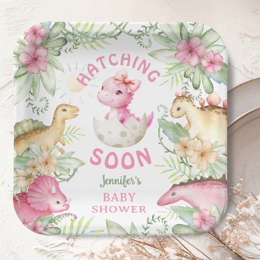 Hatching Soon Dino Girl Dinosaur Baby Shower Pappteller
