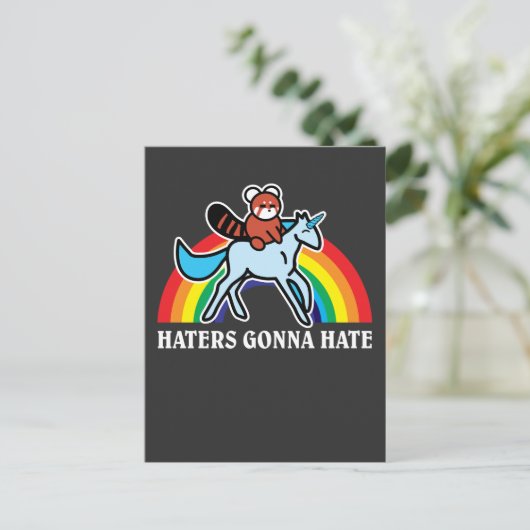 Haters Gonna Hate Funny Red Panda Reiten Unicorn Postkarte (Stehend Vorderseite)