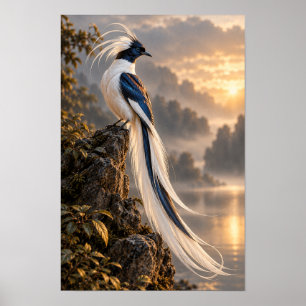 Hauben-Langschwanzvogel bei goldenem Sonnenunterga Poster