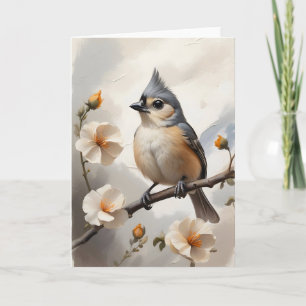 Haubenmeise ruht auf einem Baumzweig mit Blumen le Karte