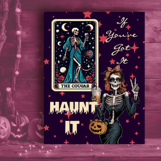 Haunt It Funny Cougar Halloween Skeleton Feiertagspostkarte