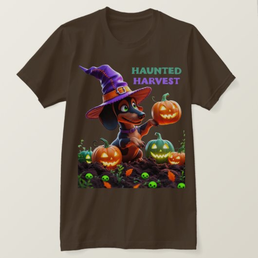 Haunted Harvest – Witchy Dachshund Halloween Garde T-Shirt (Design vorne)
