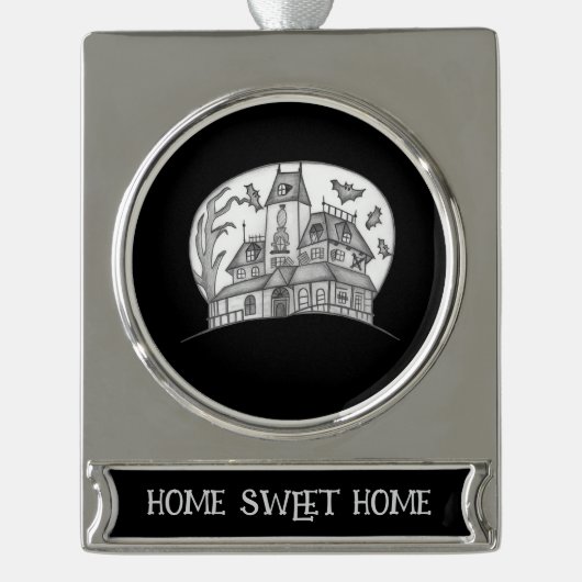 Haunted House and Bats Halloween Banner-Ornament Silber (Vorderseite)