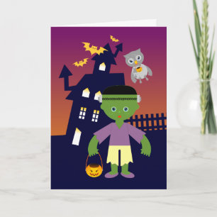 Haunted House and Halloween witch and Frankenstein Karte