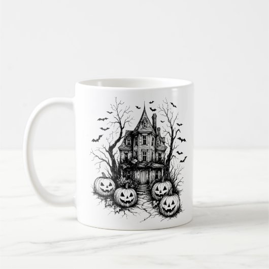 Haunted House Black and White Halloween Kaffeetasse (Links)