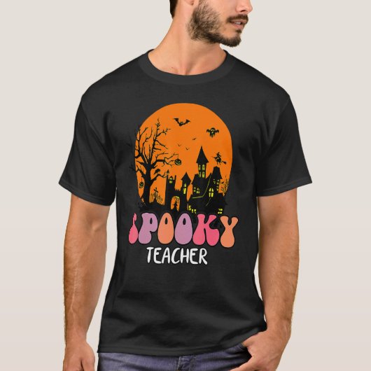 Haunted House Moon Night Groovy Spooky Teacher 4 T-Shirt (Vorderseite)