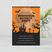 Haunted House Orange Moon Halloween Einladung (Stehend Vorderseite)