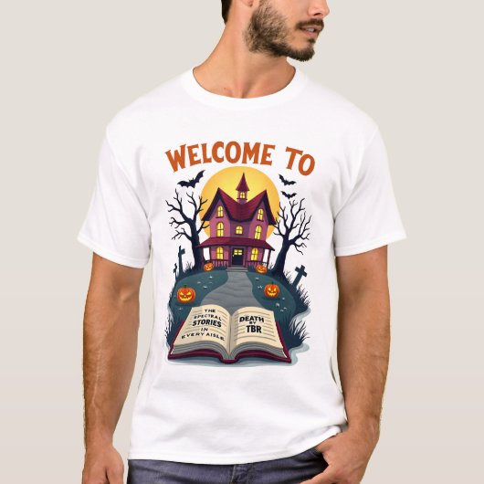 Haunted Library – Death by TBR | Spooky Bookish T-Shirt (Vorderseite)