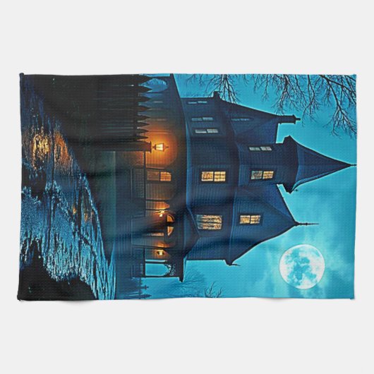 Haunted Mansion Blue Moonlight Night Design Geschirrtuch (Horizontal)