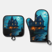 Haunted Mansion Blue Moonlight Night Design Ofenhandschuh & Topflappen-Set (Vorderseite)