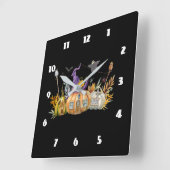  Haunted Pumpkin House with Ghost & Bats Quadratische Wanduhr (Winkel)