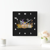  Haunted Pumpkin House with Ghost & Bats Quadratische Wanduhr (Zuhause)