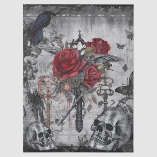 Haunting Fantasy Gothic Raven Rose Skulls Seidenpapier (Vorderseite)