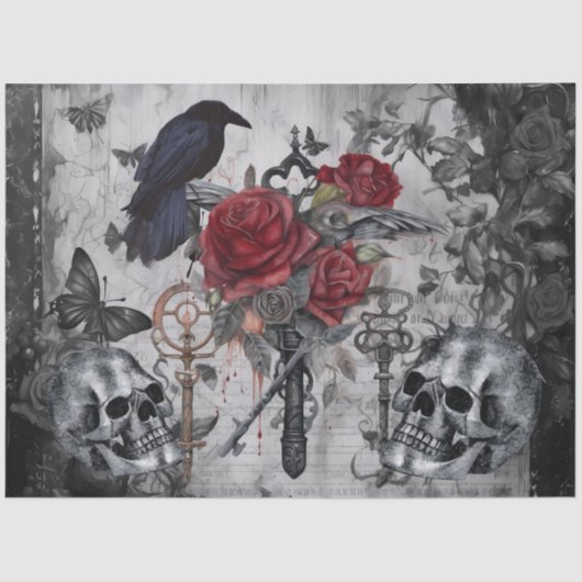 Haunting Fantasy Gothic Raven Rose Skulls Seidenpapier (Vorderseite)