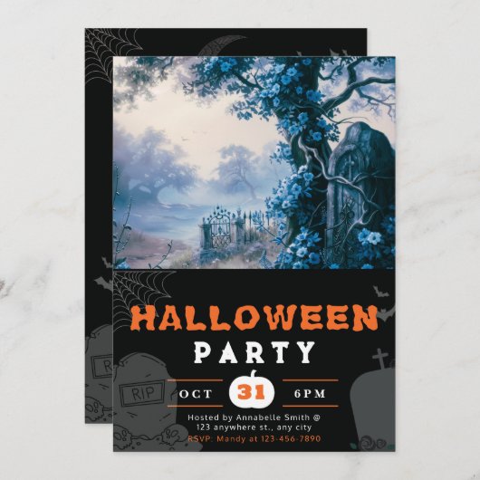 Haunting Graveyard Blue Flowers Einladung (Vorne/Hinten)