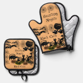 Haunting Nights Halloween Pumpkin Black Cat Horror Ofenhandschuh & Topflappen-Set (Vorderseite/Rückseite)
