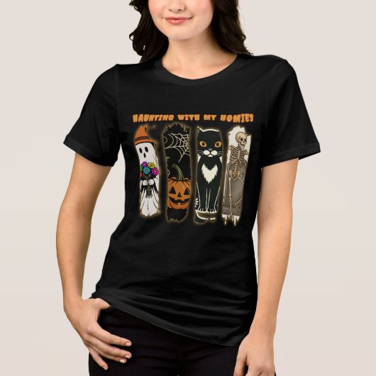 Haunting With My Homies Funny Halloween Characters Tri-Blend Shirt (Vorderseite)
