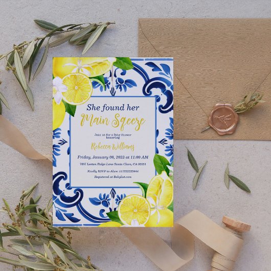 Haupt-Sqeeze Blue Tile Lemon Citrus Brautparty Einladung