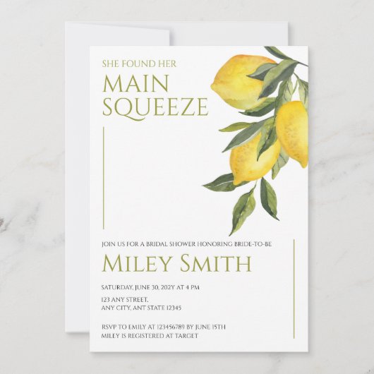 Haupt-Squeeze-Brautparty Citrus Lemon Grüne Einladung (Vorderseite)