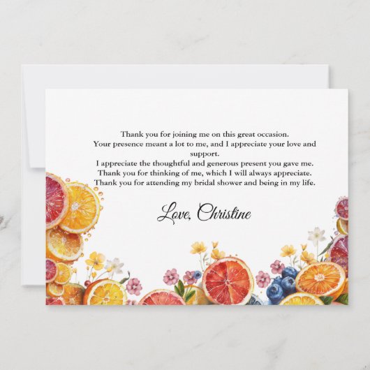 Haupt-Squeeze-Citrus-Brautparty Danke-Karte Ankündigung (Rückseite)