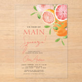 Haupt-Squeeze Citrus Brautparty Orange Acryleinladungen (Vorderseite)