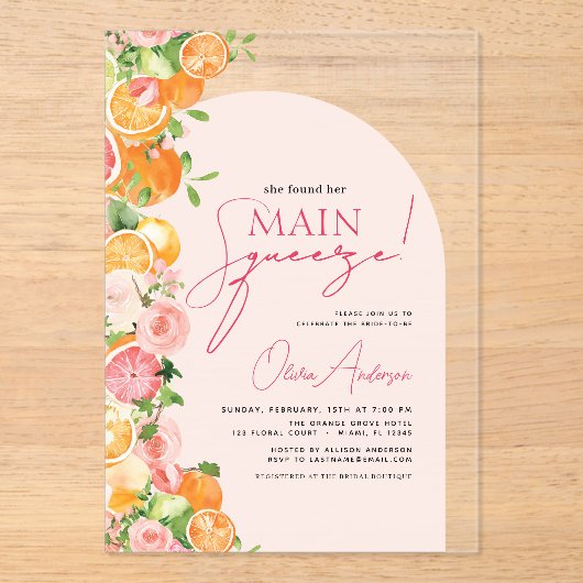 Haupt-Squeeze Citrus Brautparty Orange Acryleinladungen (Vorderseite)