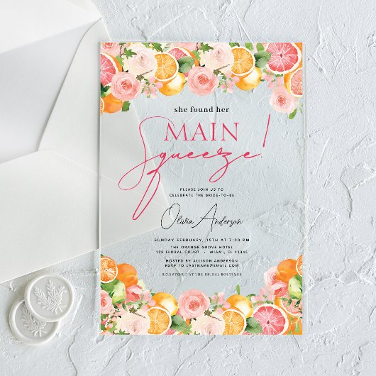 Haupt-Squeeze Citrus Brautparty Orange Acryleinladungen