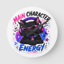 Hauptcharakter-Energie-Schwarze-Katze-Musikliebhab Runde Wanduhr