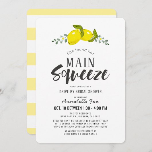 Hauptpresse Einfaches Lemon Drive-by-Brautparty Einladung (Vorne/Hinten)